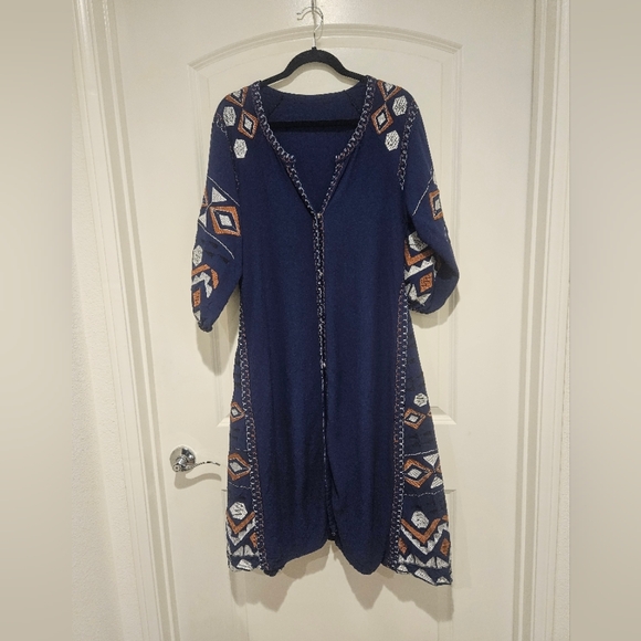 Navy Blue Embroidered Bohemian Midi Dress # 504 - Picture 1 of 9
